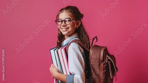 A schoolgirl in a pink background, clutching books, wearing glasses, and carrying a bag.
