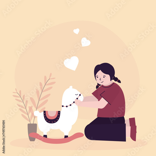 Happy caucasian girl playing with toy alpaca. Wooden llama rocking chair, small child received gift for her birthday or Christmas. Childhood, fantasies, children imagination.