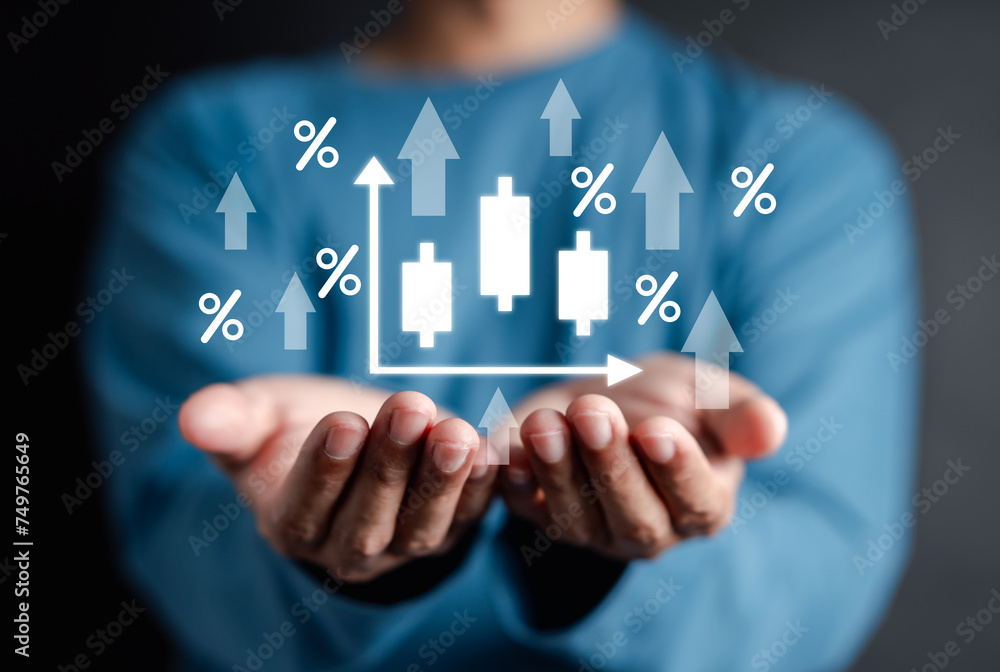 Businessman holding increase up icon with business objective to set up business objective target goal, marketing solution, target for business investment. Businessman holding increase up icon with business objective to set up business objective target goal, marketing solution, target for business investment.