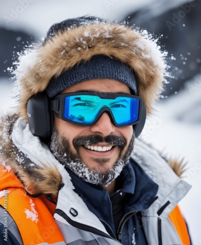  fashion photography of the face of a worker at the quarry, he is covered in snow mustache and beard are frozen