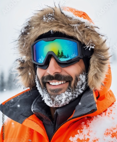  fashion photography of the face of a worker at the quarry, he is covered in snow mustache and beard are frozen