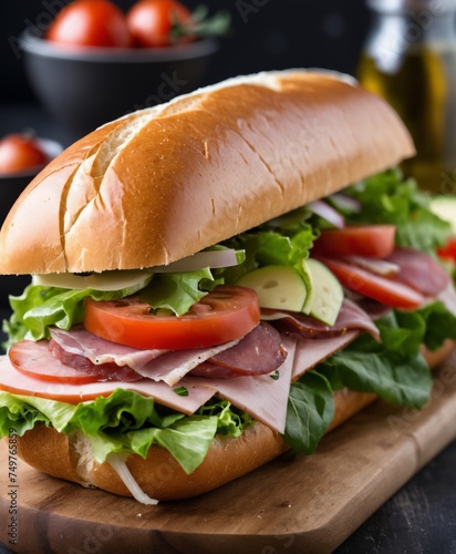 a sandwich with meat, cheese, lettuce and tomatoes on a cutting board