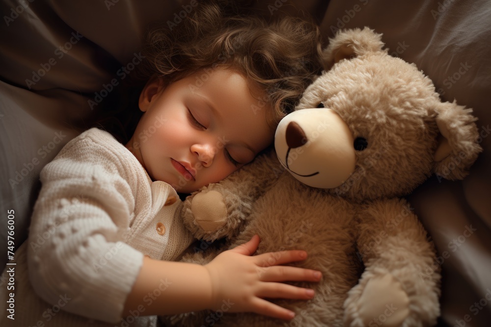 Cute little baby sleeping with teddy bear on bed at home , Cute little girl sleeping with teddy bear on bed, Ai generated