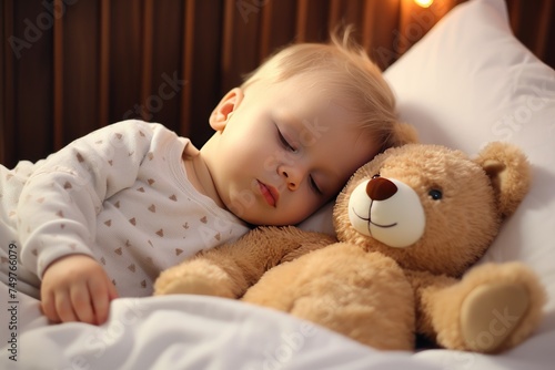 Cute little baby sleeping with teddy bear on bed at home , Cute little girl sleeping with teddy bear on bed, Ai generated