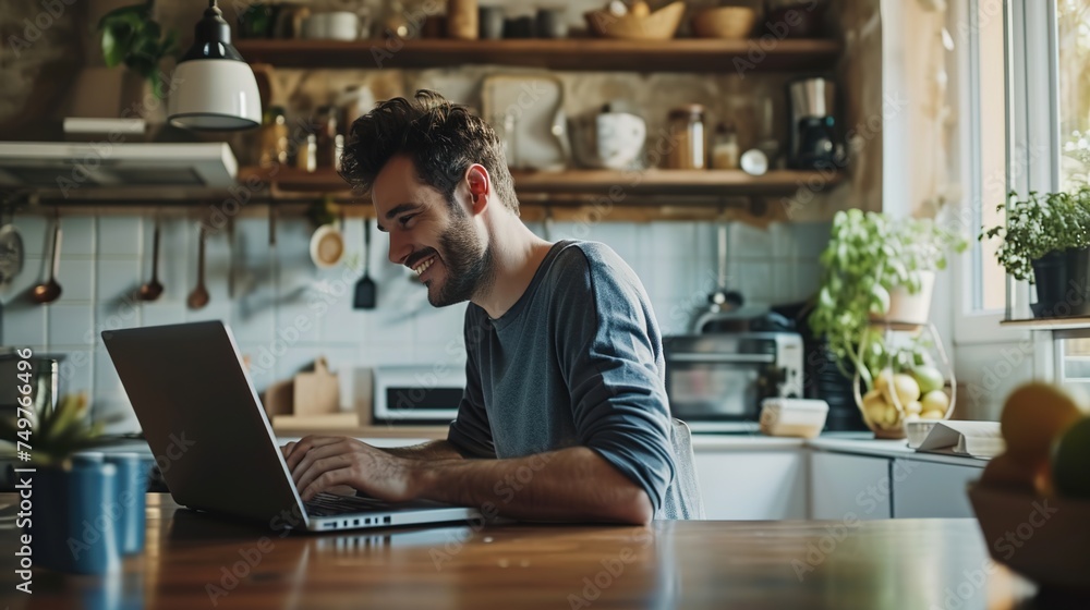 A man focused on his laptop in the kitchen. A man focused on his laptop in the kitchen.