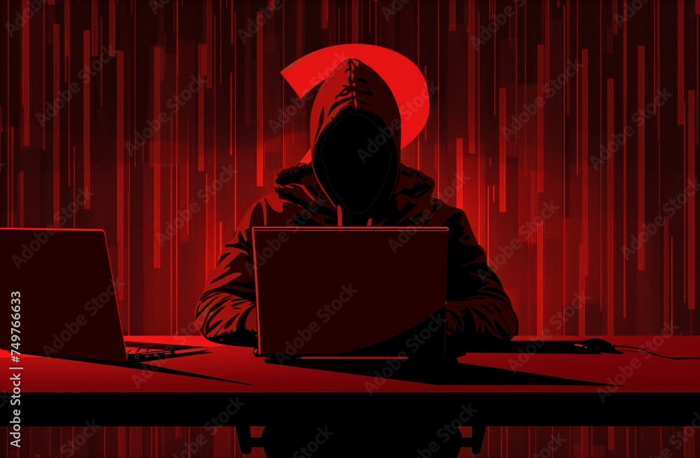 A man in a hoodie sits at a computer, a question mark in the background, styled with mysterious backdrops and bold, black, slender lines. A man in a hoodie sits at a computer, a question mark in the background, styled with mysterious backdrops and bold, black, slender lines.