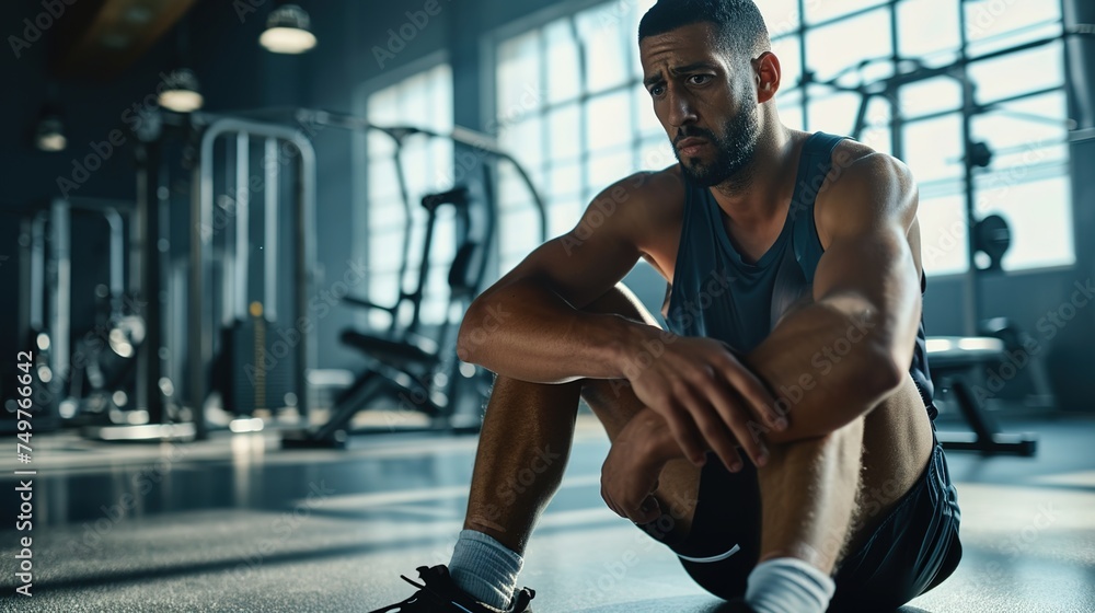 A man is sitting on the gym floor. A man is sitting on the gym floor.