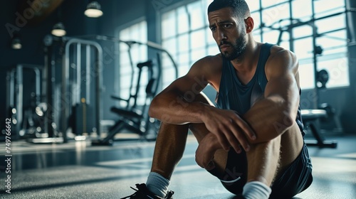 A man is sitting on the gym floor. photo