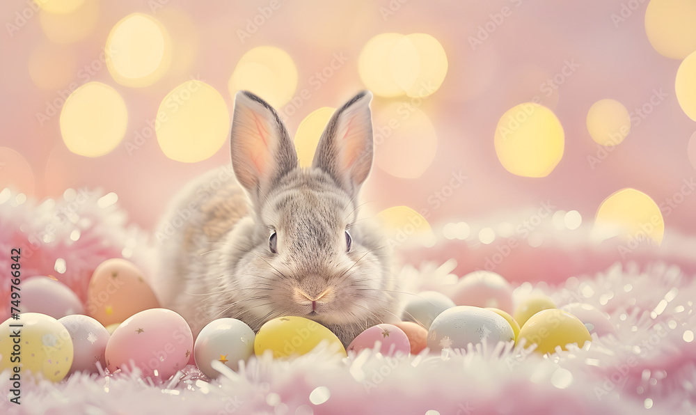 there is a cute rabbit surrounded by colorful Easter eggs, Generative AI there is a cute rabbit surrounded by colorful Easter eggs, Generative AI