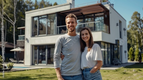 A young, happy couple stands and smiles in front of their large, new modern house, hands hidden, depicted in hyper-realistic detail.