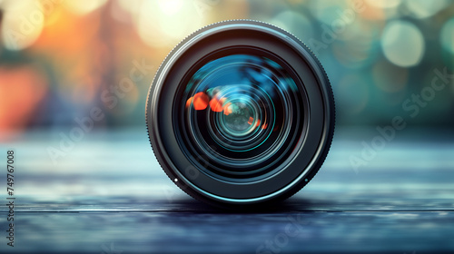 Close-up front view of wide-angle camera lens on dark background. The eyes of the photographer. Camera Lens With Reflections. A Macro photo of The diaphragm of a camera lens aperture. Modern Wide.