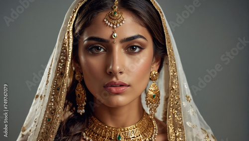Beautiful Indian bride wearing gold diamond ornaments jewelry. Jewelers. commercial photo, glamorous portrait, Generative AI 