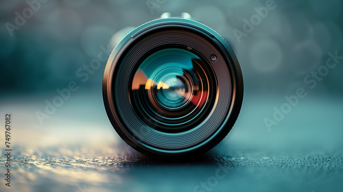 Close-up front view of wide-angle camera lens on dark background. The eyes of the photographer. Camera Lens With Reflections. A Macro photo of The diaphragm of a camera lens aperture. Modern Wide.