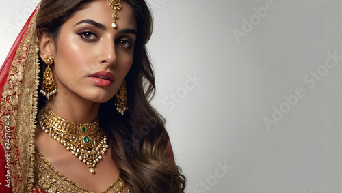 Beautiful Indian bride wearing gold diamond ornaments jewelry. Jewelers. commercial photo, glamorous portrait, Generative AI 