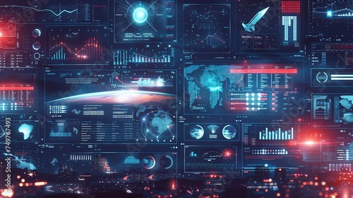 Business tools in a futuristic collage on a dark blue background.