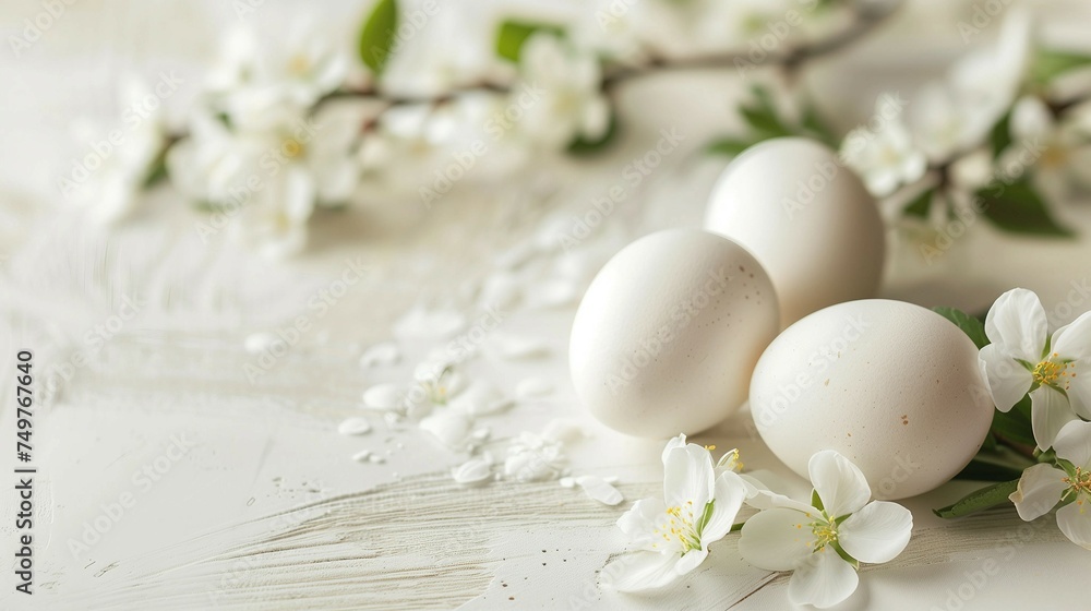 White eggs on white rustic background with spring flowers with space for writing.Generative AI