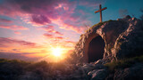 Cross on the top of a Christian religious tomb in the sunrise the symbol of he is risen. easter empty tomb with cross on the top.