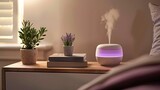 Relaxing Home Atmosphere with Purple Glowing Aroma Diffuser and Potted Plants