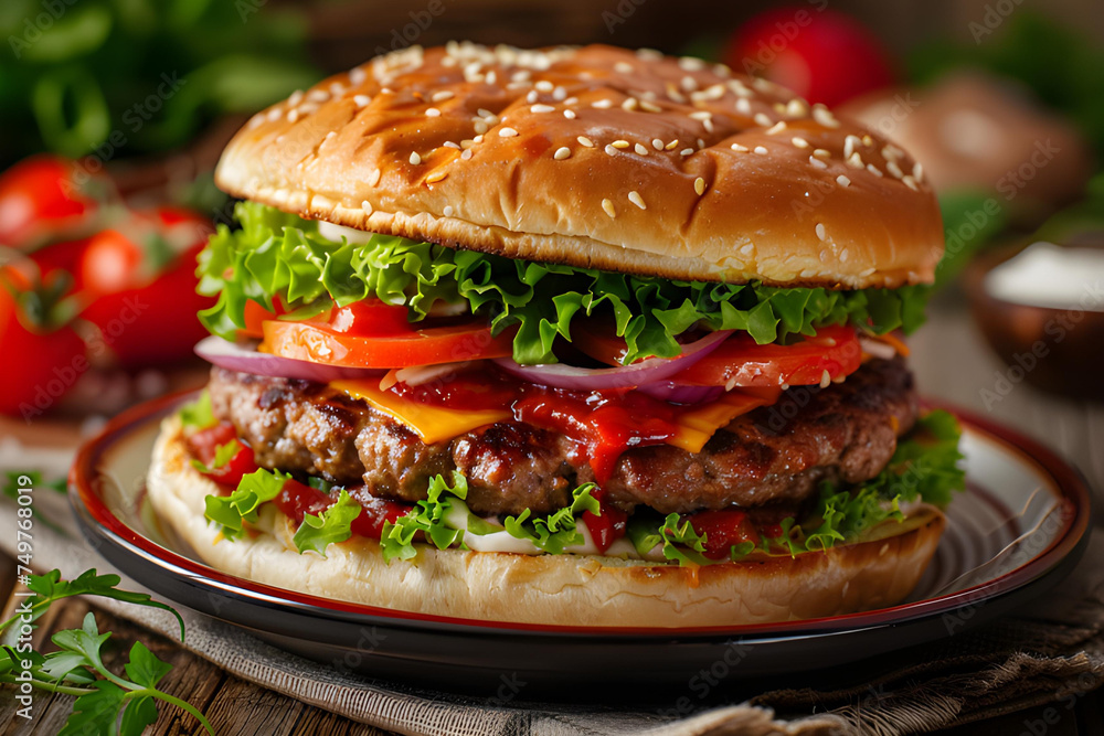 Hamburger with beef patty, cheese, and vegetables on the table
Hamburger with beef patty, cheese, and vegetables on the table