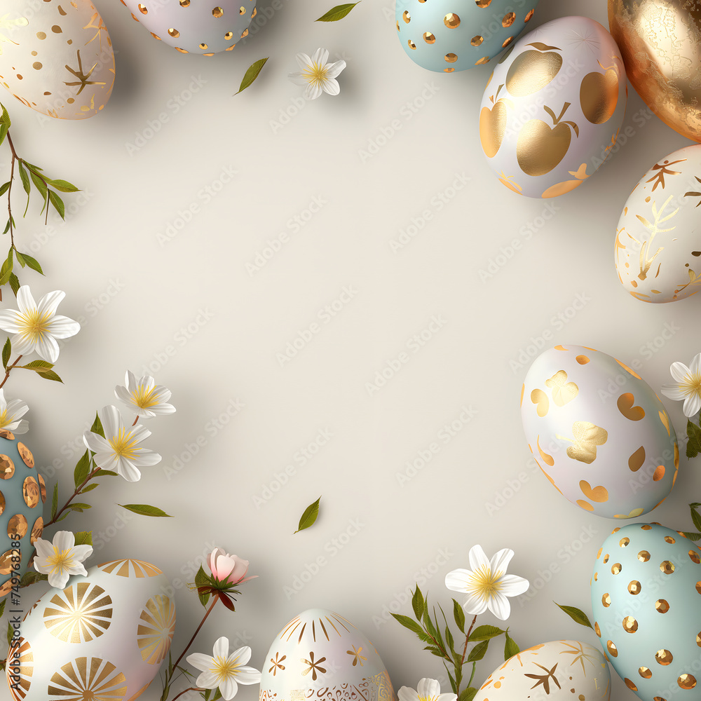 Frame for Easter festival. Pastel white and blue Easter eggs with cute golden patterns and spring flowers on a pastel plain beige background with blank space for text at the center of the image. Frame for Easter festival. Pastel white and blue Easter eggs with cute golden patterns and spring flowers on a pastel plain beige background with blank space for text at the center of the image.