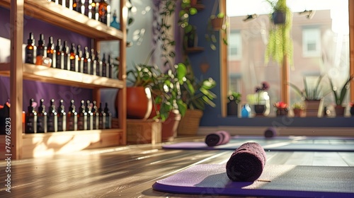 Serene Yoga Space with Essential Oils and Natural Wood Flooring