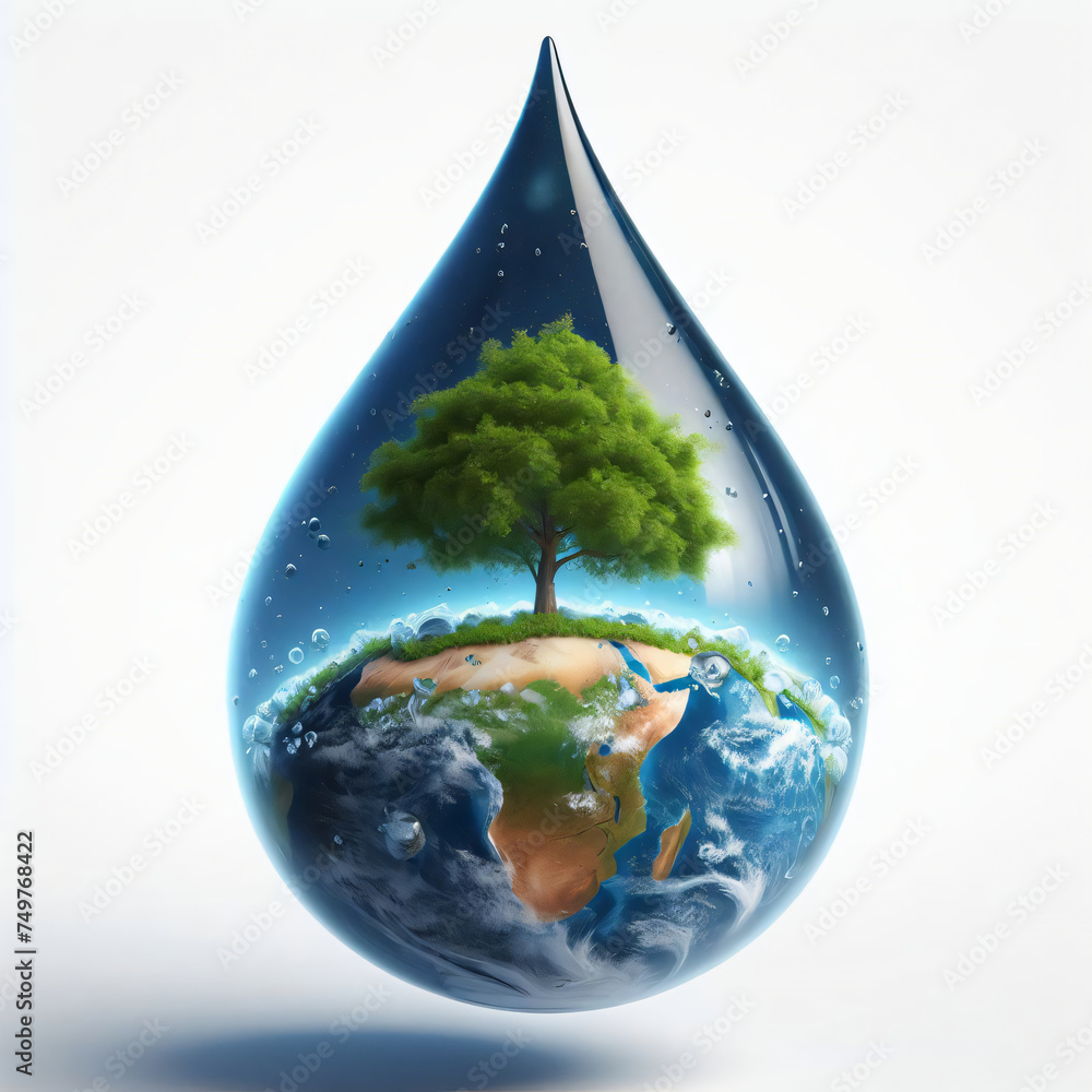 Fototapeta premium Single water drop and vivid representation of earth tree inside it, isolated on a white background, hyper-detailed scenes, World Water Day