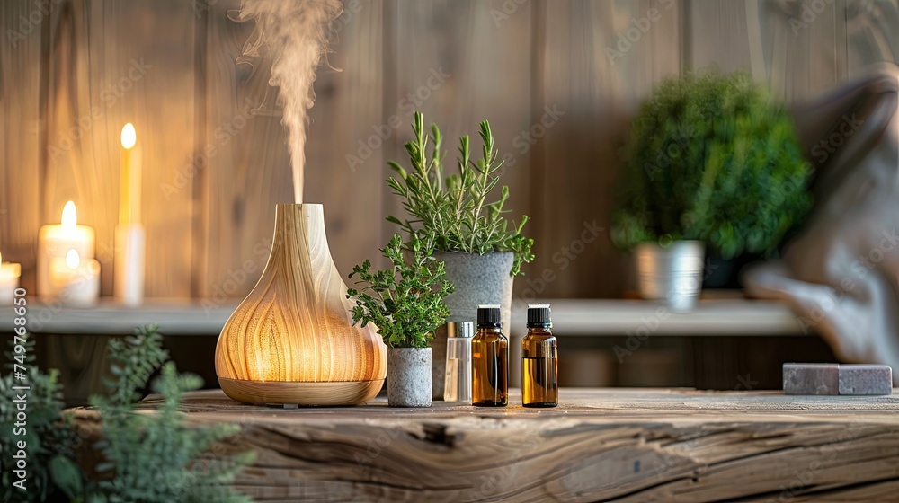 Warm Aromatherapy Ambiance with Wooden Diffuser and Essential Oils - obrazy, fototapety, plakaty 