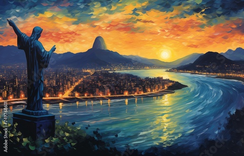 A view of Rio de Janeiro with a statue of Christ in the style of Vincent Van Gogh. © Johnovich