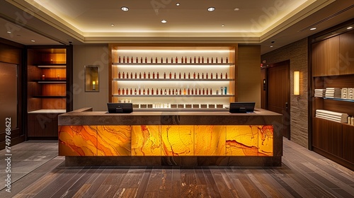 Luxurious Hotel Reception Desk with Elegant Lighting and Modern Decor