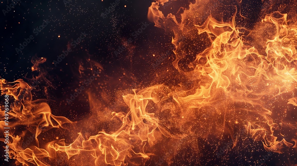 Fire flames explode against a black background. Top view. Fire flames explode against a black background. Top view.