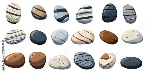 flat art collection of beach stones isolated on a white background as transparent PNG