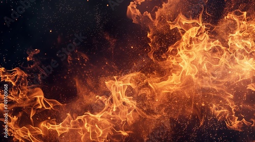 Fire flames explode against a black background. Top view.