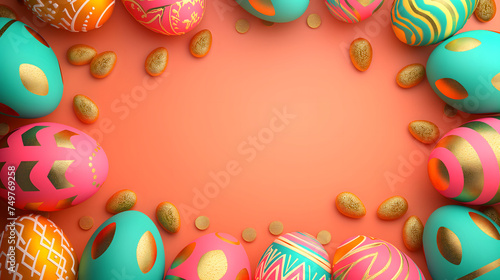Frame for Easter festival. Vibrant colorful Easter eggs with cute golden patterns on a vivid plain orange background with blank space for text at the center of the image.