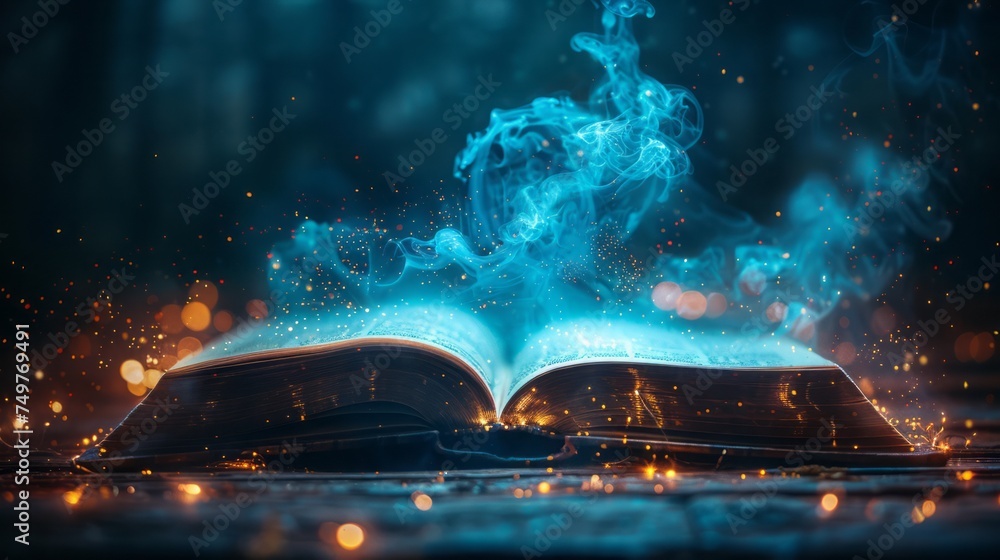 Magic Book With Open Antique Pages And Abstract Bokeh Lights Glowing In Dark Background 