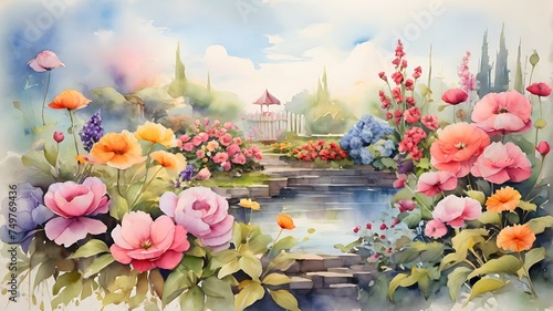 Beautiful spring landscape with colorful flowers garden in nice place. Horizontal oil painting, water color style. photo