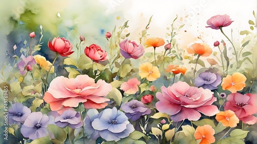 Beautiful spring landscape with colorful flowers garden in nice place. Horizontal oil painting, water color style. photo