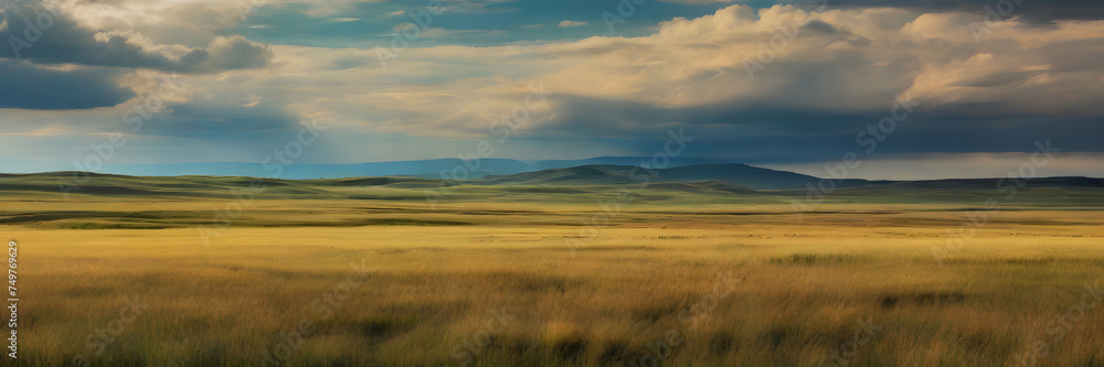 Fototapeta premium Guided Horizon: Expansive Grassland Leading to Distant Sky. 3:1 Banners and Landscape Backgrounds, Perfect for Expansive Visual Themes