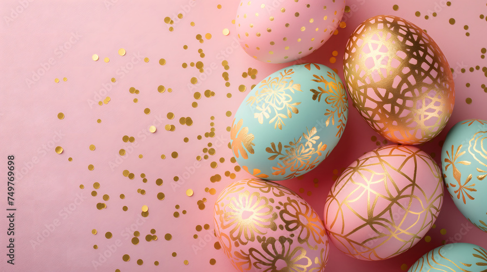 Vivid colorful Easter eggs with cute golden patterns and golden glitters on a plain pink background with blank space for text at the left side of the image.