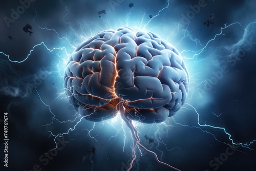 Abstract illustration of a brain surrounded, Human brain with a thunderbolt, 3D illustration, mind power concept with the human brain and light rays, Ai generated #749769674