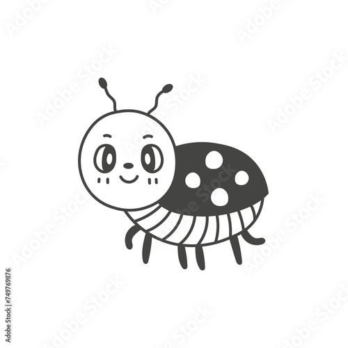 Cute ladybug character doodle illustration. Vector cartoon insect character in hand drawn style. Outline bug mascot. Isolated black line art on white background for children baby kids