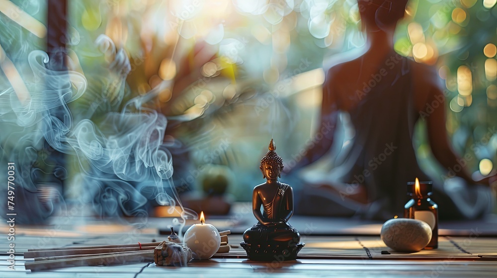 Serene Meditation Space with Incense Smoke, Buddha Statue, and Candles in Tranquil Setting - obrazy, fototapety, plakaty 