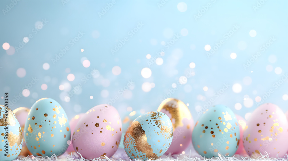 Pastel Easter eggs with cute golden patterns on a glittering pastel blue background with blank space for text at the upper part of the image.