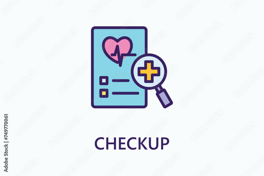 Checkup icon. With paper, heart, health and search Checkup icon. With paper, heart, health and search