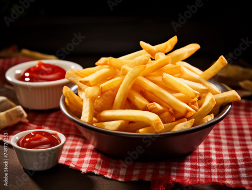 Fried french fries in a bowl with paper and ketchup in a bowl, fast food 