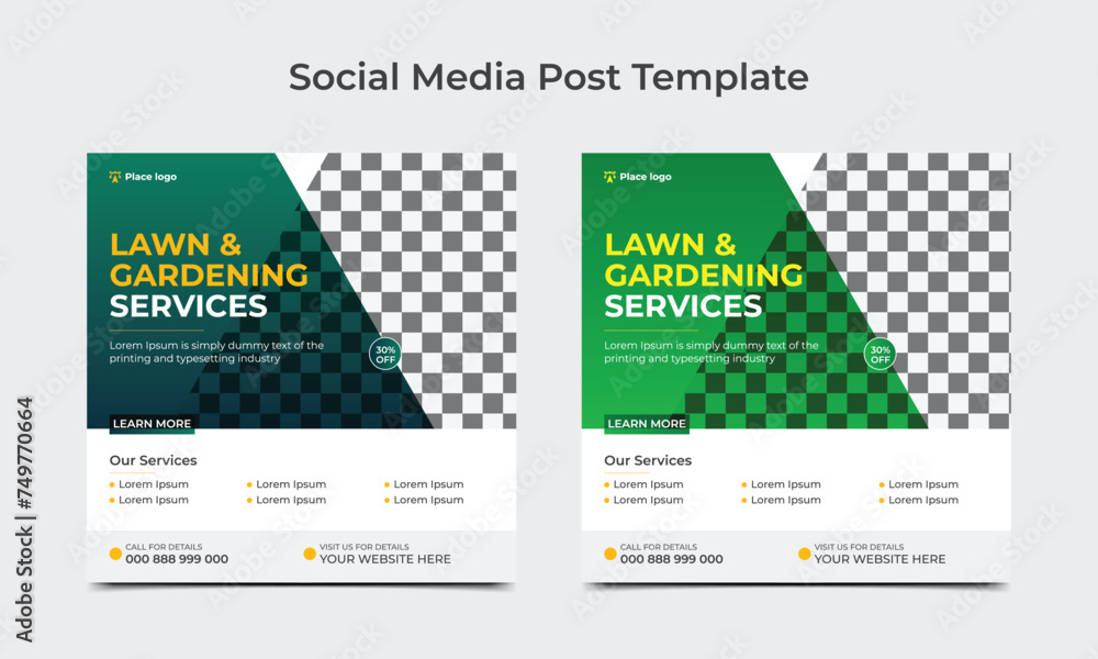 Lawn and Gardening service social media post template. Lawn Mower Garden or Landscaping service social media post square banner template.