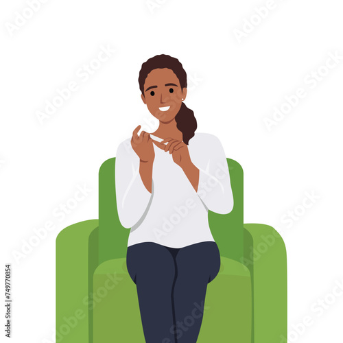 Carefree woman with curlers on hair sits on armchair taking care of nails. Flat vector illustration isolated on white background