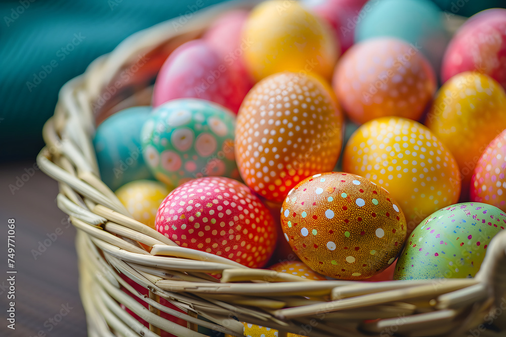Close up of colorful easter eggs in a basket Close up of colorful easter eggs in a basket