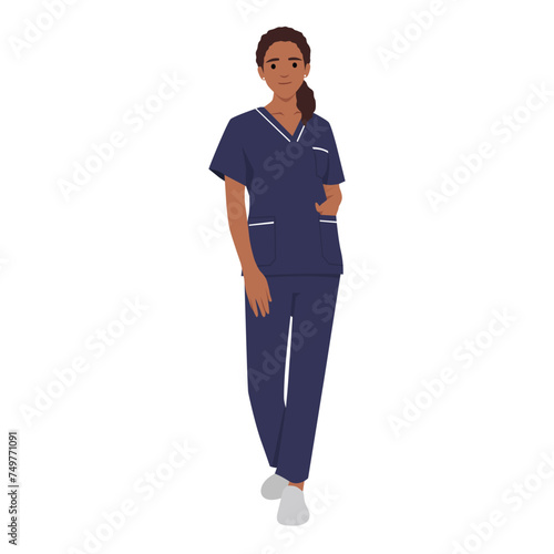 Woman Nurse characters wearing scrubs standing front view. Flat vector illustration isolated on white background