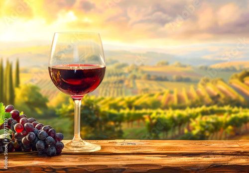Red Wine Glass with Vineyard at Sunset.