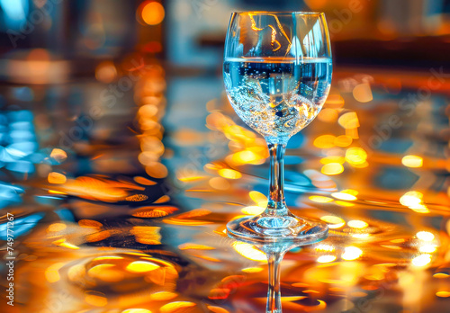 White Wine Glass on Bar Counter with Warm Ambience.